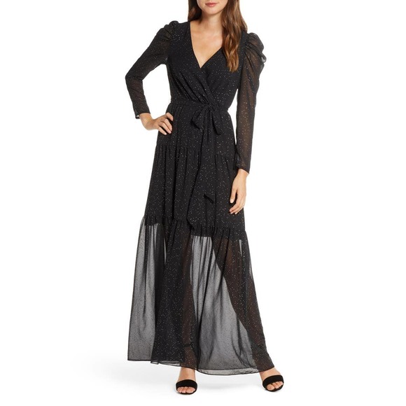 Eliza J Maxi Dress 6 Black Long Puff Sleeve Faux Wrap Studded Chiffon V-Neck - Picture 1 of 14